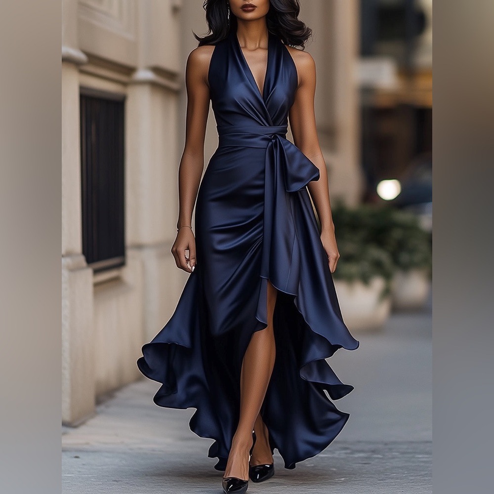 Mooyius Navy Blue Midnight Elegance Satin Halter Ruffle Gown Sz. M NWT!